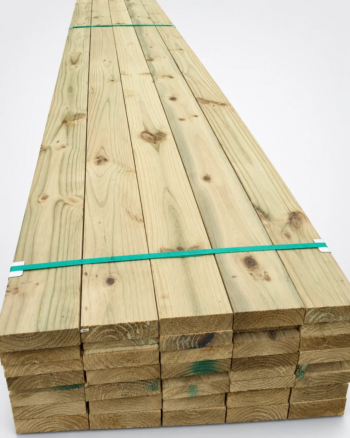 Pressure-treated Radiata Pine building timber bundle.