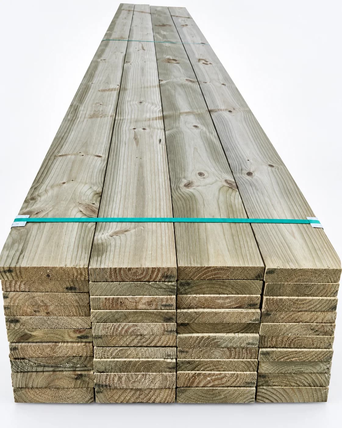 Treated Radiata Pine timber bundle secured with teal strapping.