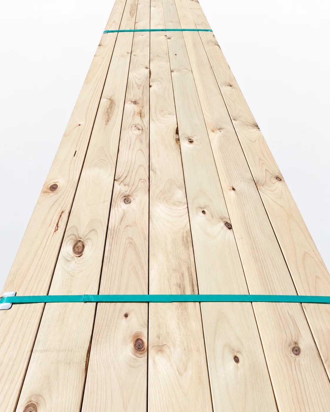 Radiata Pine building timber bundle with teal strapping.