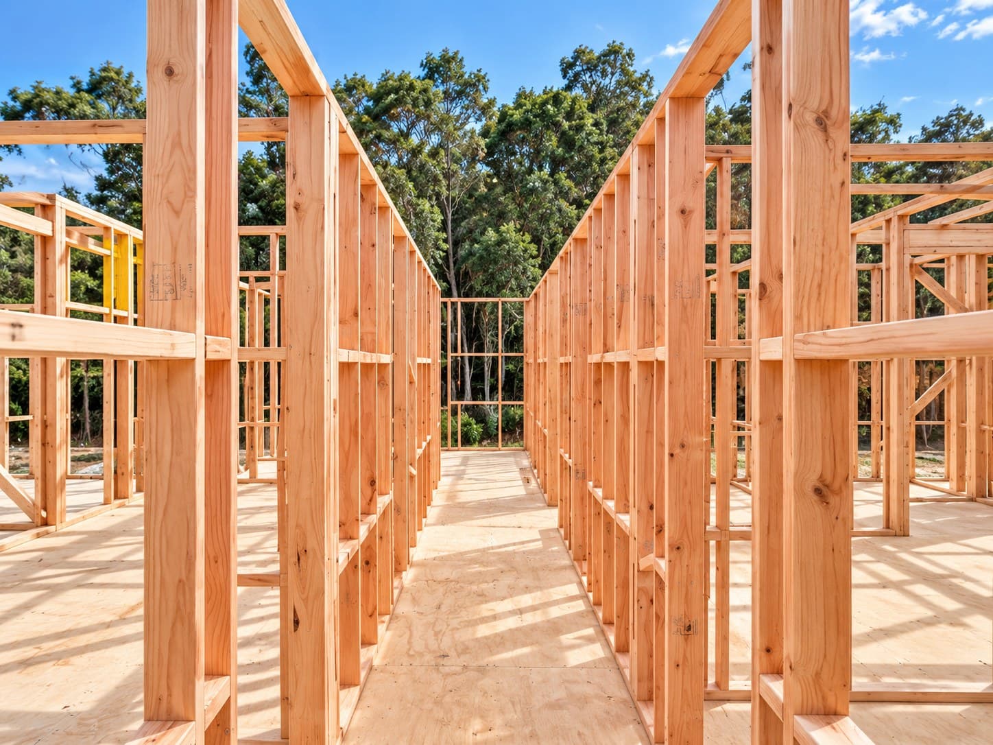 Radiata Pine framing inside a building under construction.