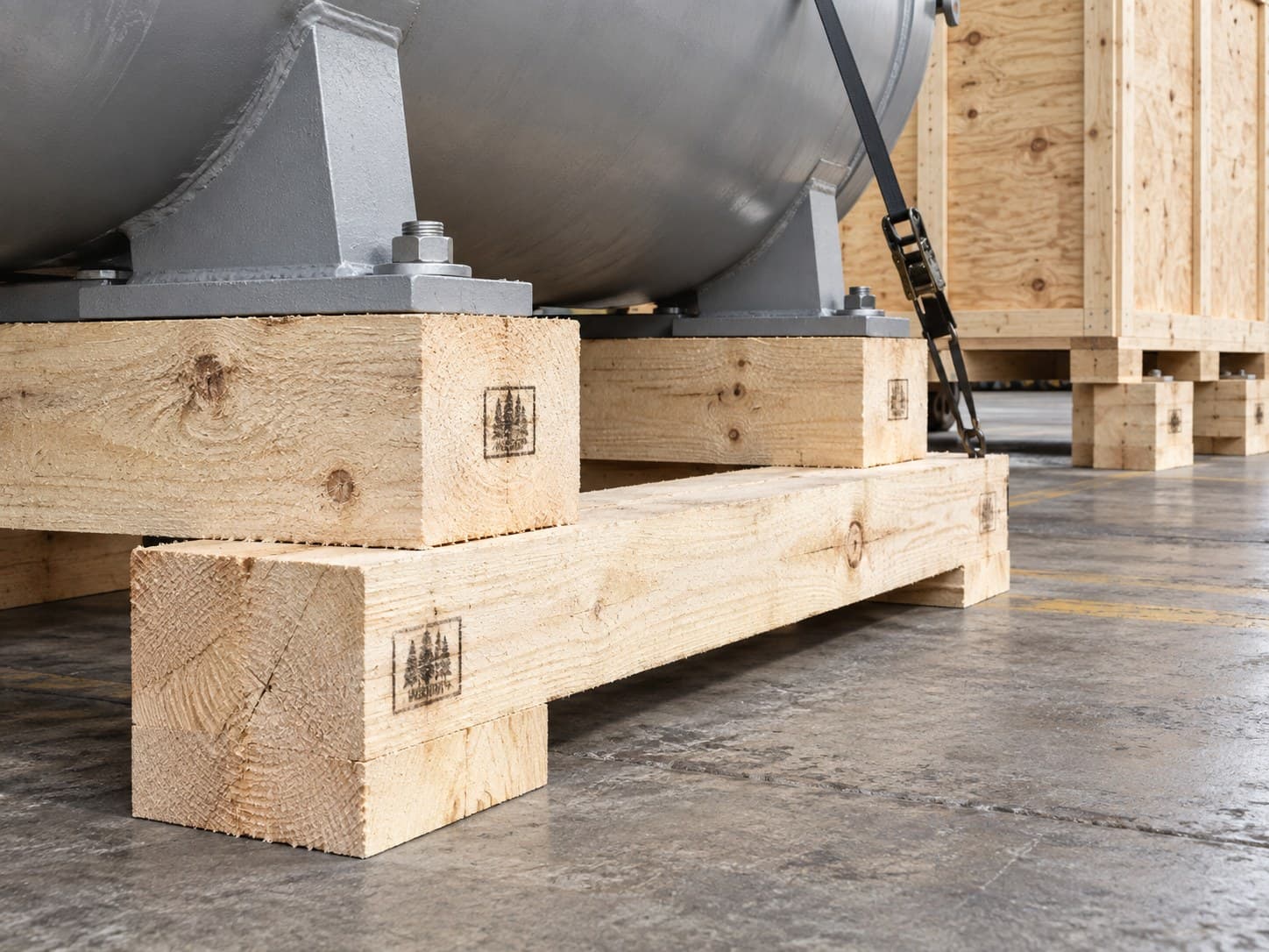 Radiata Pine dunnage supporting wrapped industrial cargo.
