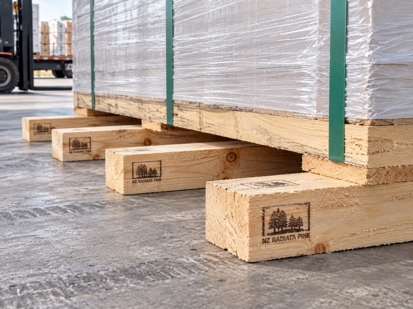 Radiata pine dunnage supporting wrapped industrial cargo.