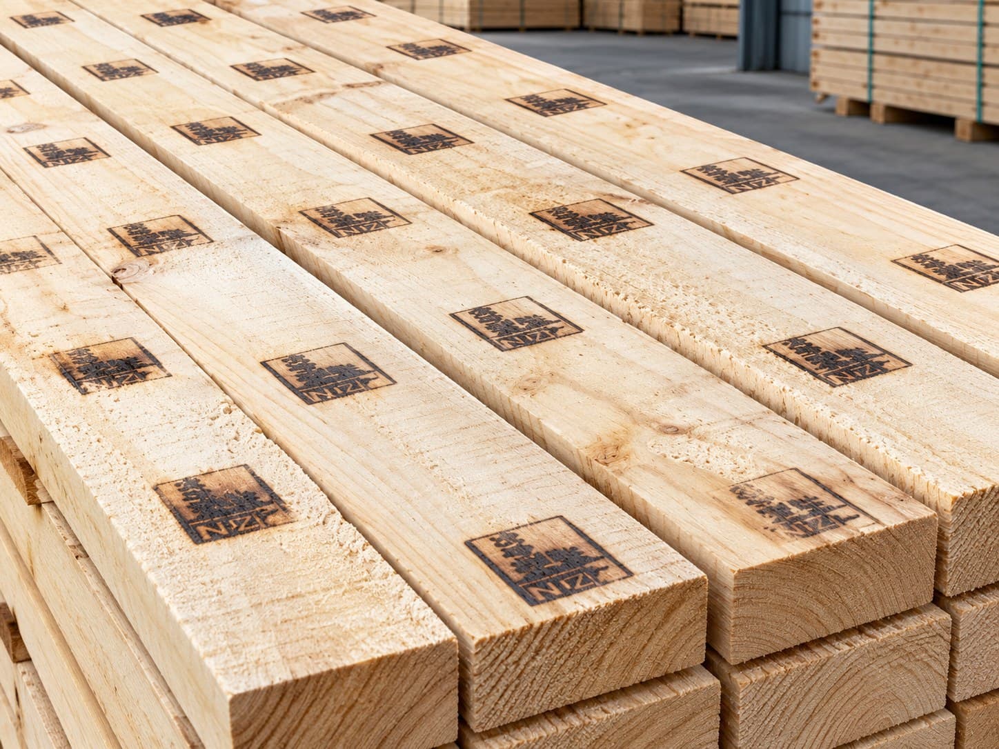 Stamped radiata pine dunnage stacked in a timber yard.