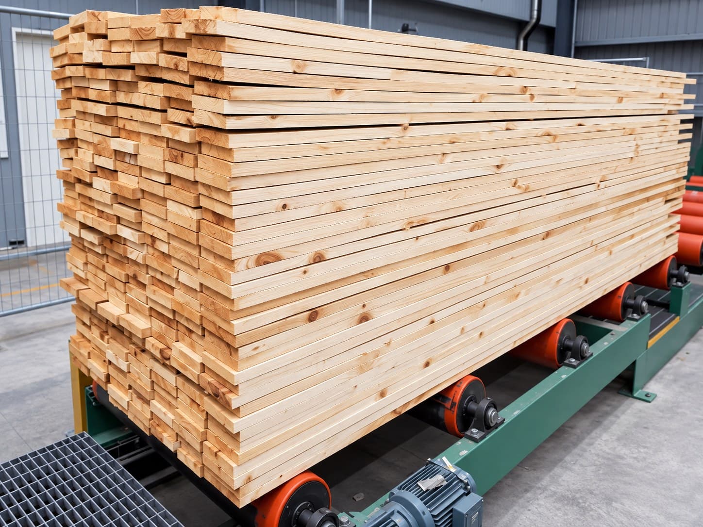 New Zealand Radiata Pine manufacturing timber stacked on a processing conveyor.