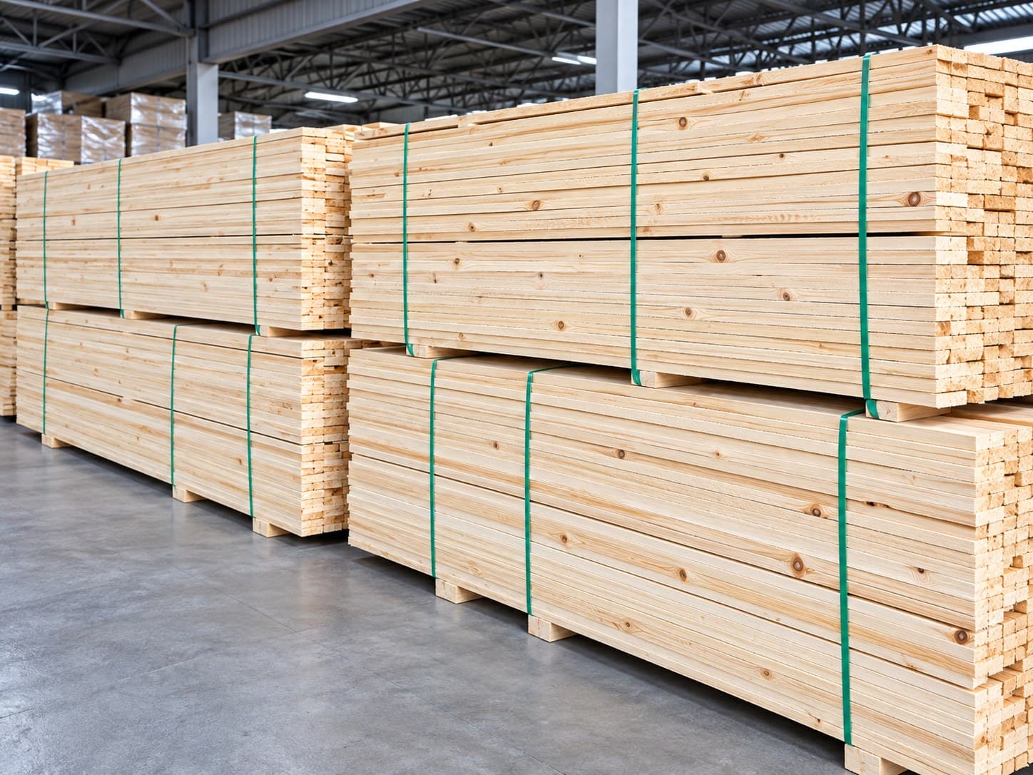Bundled radiata pine manufacturing timber in a warehouse.
