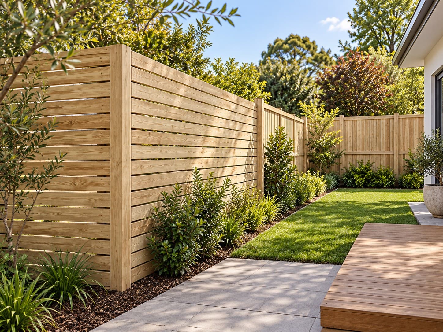 Modern backyard with timber fencing and landscaped garden beds.