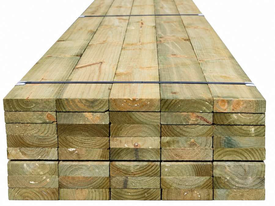 Pressure-treated radiata pine timber bundle.