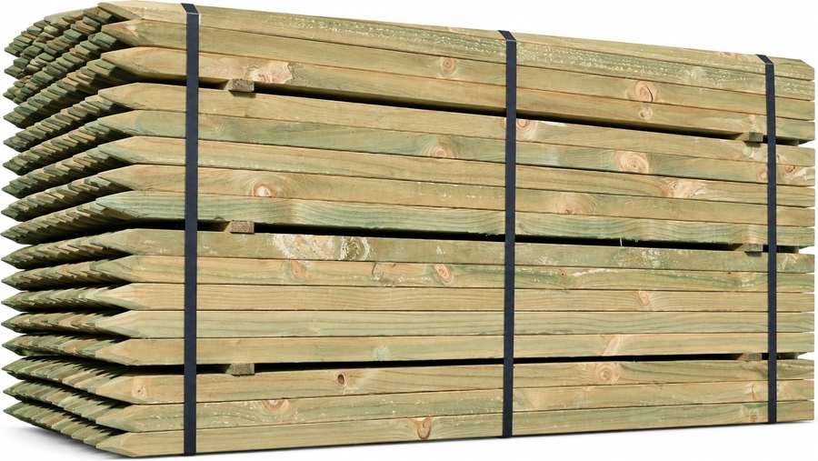 Pressure-treated wooden stake bundle.